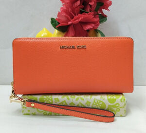 Michael Kors Jet Set Travel Orange Pebbled Leather Zip Around Wallet - NWT $298